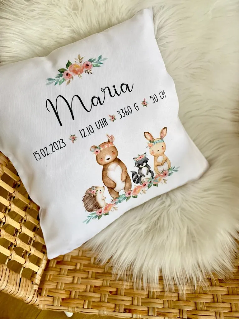 Namenskissen "Boho Tiere" mit Namen und Geburtsdaten für Babys und Kinder inkl. Kissenfüllung