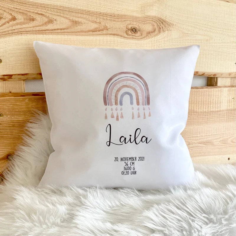 Personalisiertes Kissen für Babys und Kinder | Babykissen “Regenbogen" mit den Geburtsdaten für Jungen u. Mädchen | persönliches Geschenk zur Taufe und Geburt | 5 Motivvarianten zur Auswahl