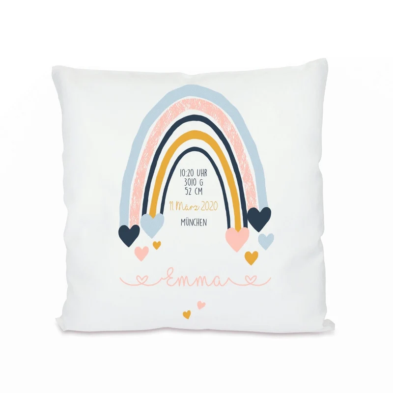 Schönes Babykissen "Regenbogen" zur Geburt u. Taufe | Handgefertigt mit dem Namen des Babys | Babygeschenk mit Gewicht, Uhrzeit, Name, Ort und Geburtsdatum | 2 Farbvarianten zur Auswahl