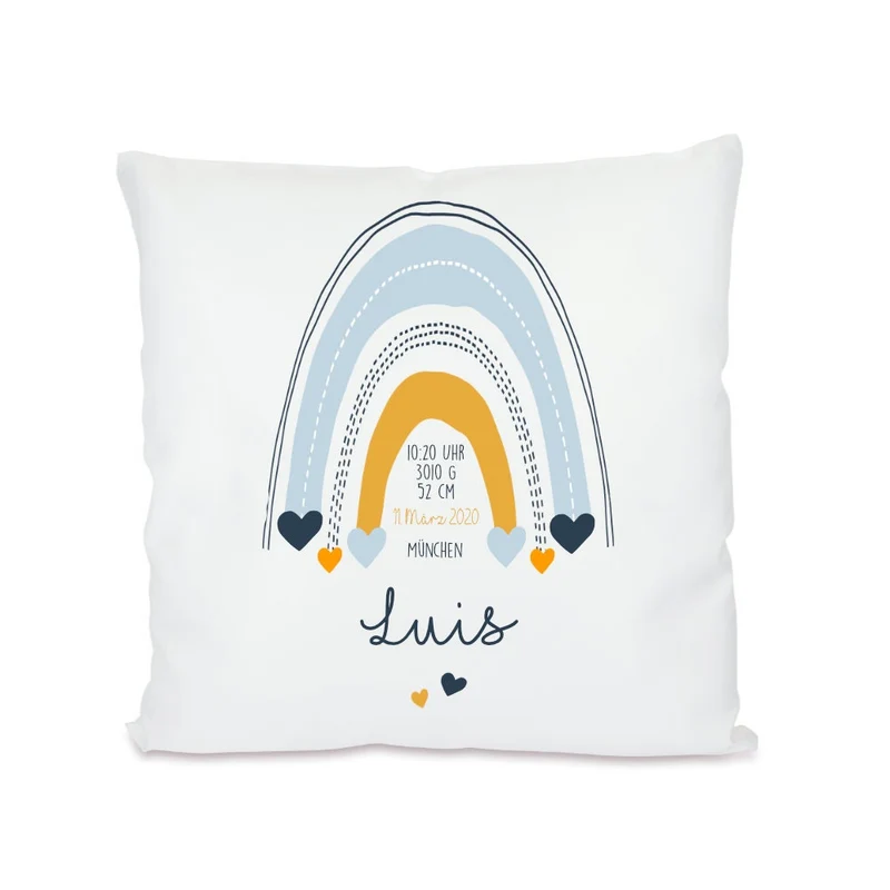 Besonderes Geburtskissen "Regenbogen" | Personalisiert mit dem Namen | Babykissen mit Gewicht, Uhrzeit, Name, Ort und Geburtsdatum | Liebevolles Babygeschenk | 2 Farbvarianten zur Auswahl