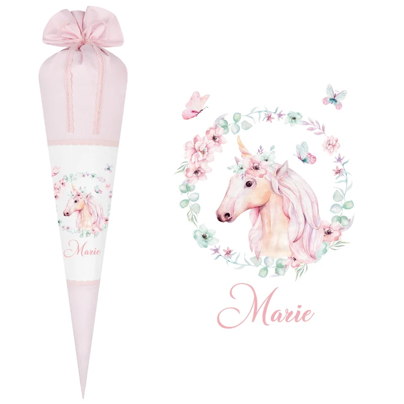 Schultüte "Einhorn" aus rosa Stoff | Personalisiert mit dem Namen für Mädchen | Optional mit Füllkissen und Spitzenschutz