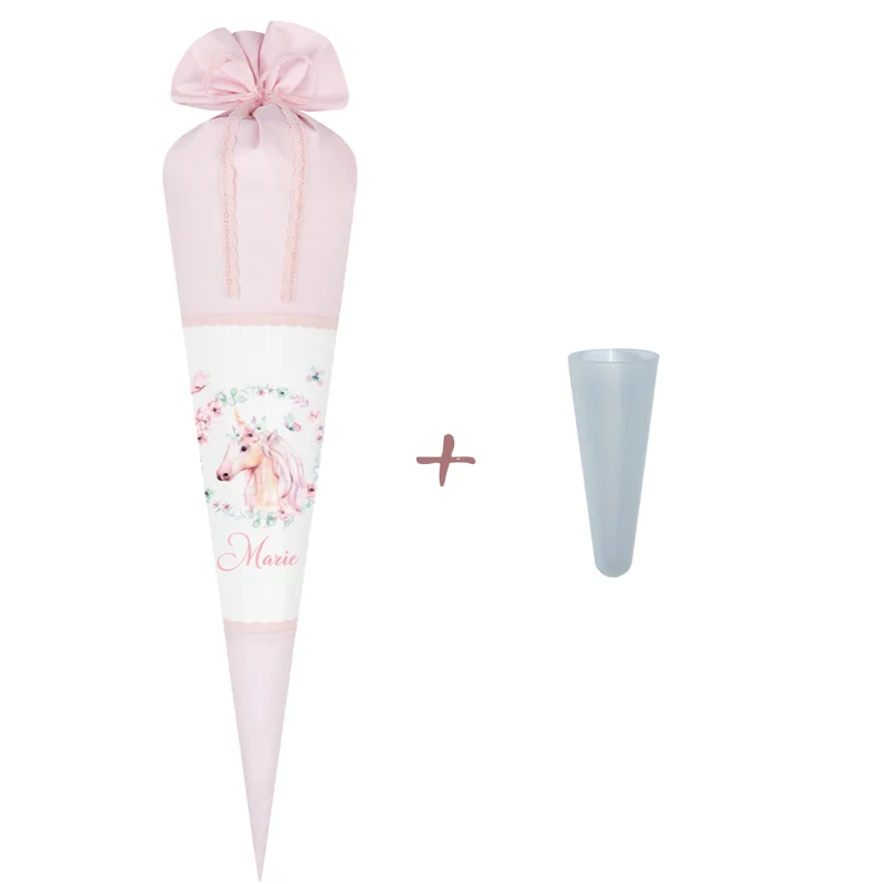 Schultüte "Einhorn" aus rosa Stoff | Personalisiert mit dem Namen für Mädchen | Optional mit Füllkissen und Spitzenschutz