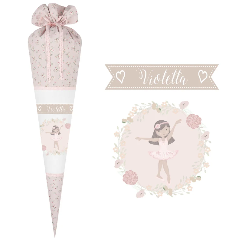 Geblümte Schultüte "Ballerina" aus Stoff | Personalisiert mit dem Namen für Mädchen | Optional mit Füllkissen und Spitzenschutz