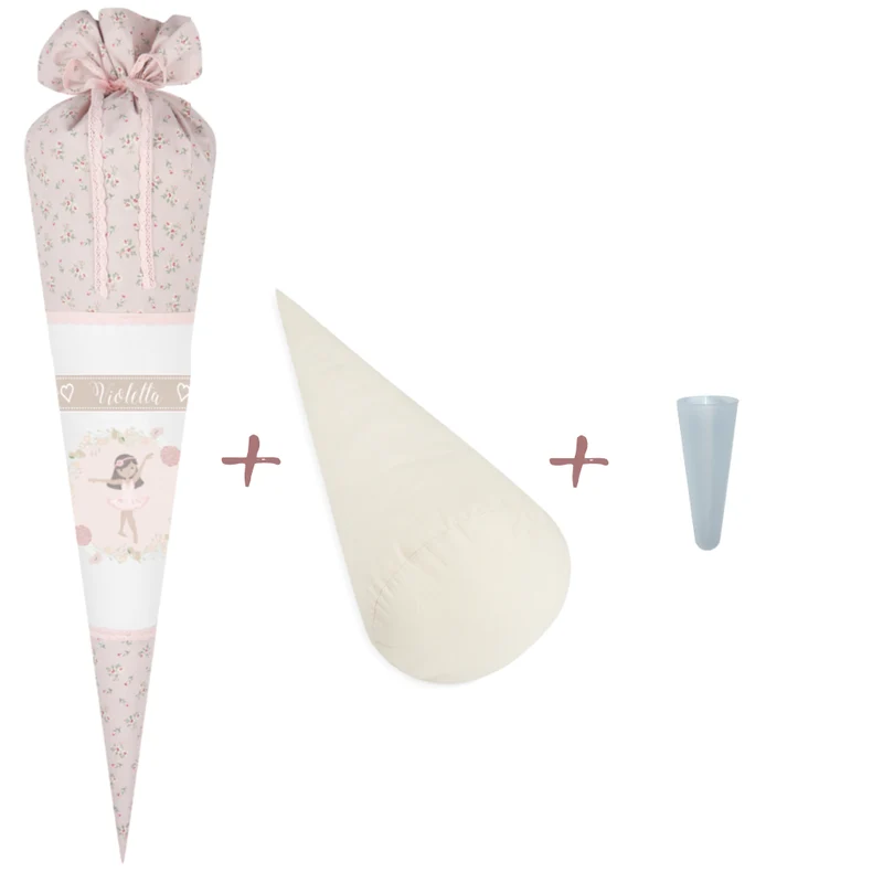 Geblümte Schultüte "Ballerina" aus Stoff | Personalisiert mit dem Namen für Mädchen | Optional mit Füllkissen und Spitzenschutz