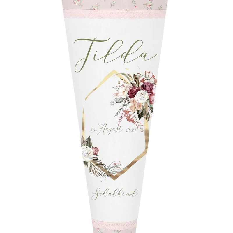Florale Schultüte "Boho Blumenkranz" aus Stoff | Personalisiert mit Namen und Datum für Mädchen | Optional mit Füllkissen und Spitzenschutz