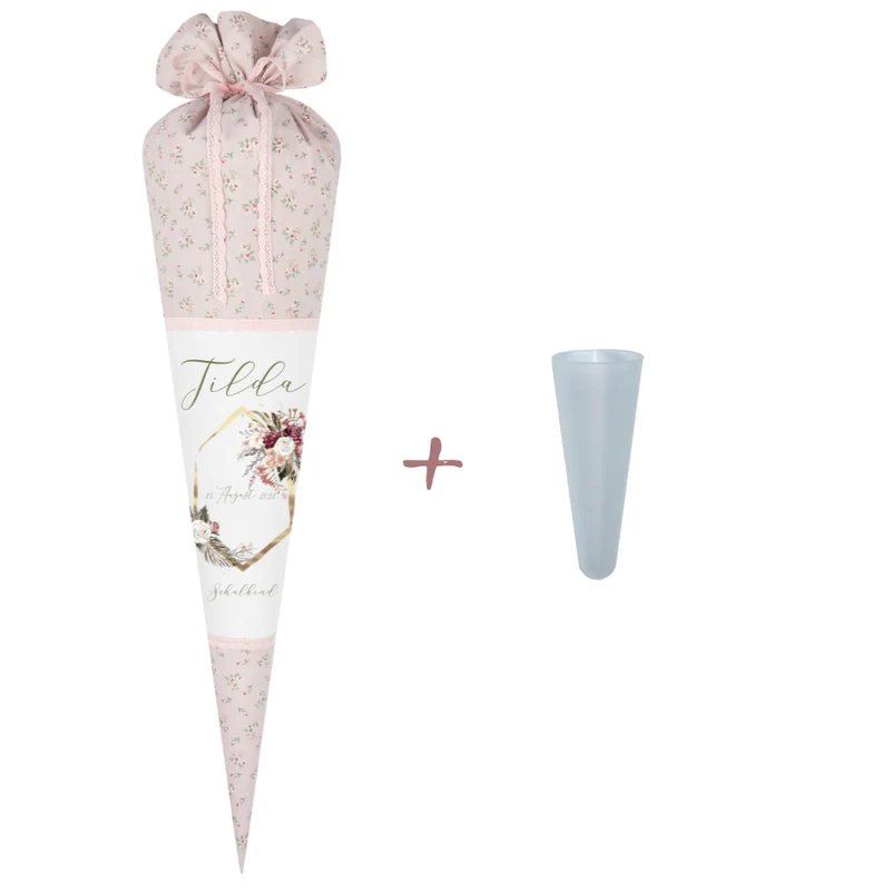 Florale Schultüte "Boho Blumenkranz" aus Stoff | Personalisiert mit Namen und Datum für Mädchen | Optional mit Füllkissen und Spitzenschutz