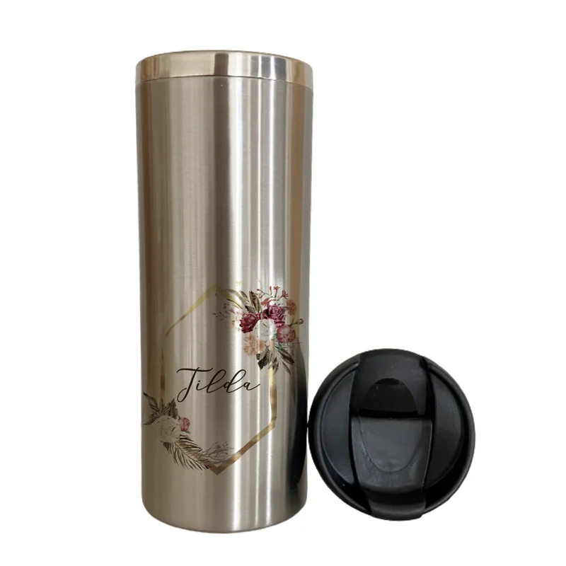 Isolierter Trinkbecher "Floral Boho" für unterwegs aus Edelstahl | Personalisiert mit Namen, Coffee to go Thermobecher | 2 Farbvarianten zur Auswahl