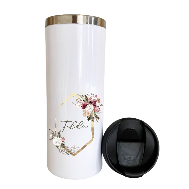 Kaffeebecher "Floral Boho" für unterwegs aus Edelstahl | Personalisiert mit Namen, Coffee to go Thermobecher | 2 Farbvarianten zur Auswahl
