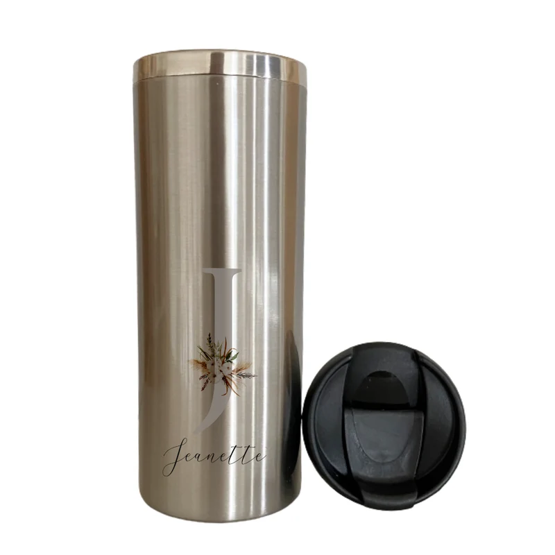 Kaffeebecher für unterwegs aus Edelstahl, personalisiert mit Namen, Coffee to go Thermobecher, Geschenkidee im floralen Design | 2 Farbvarianten zur Auswahl