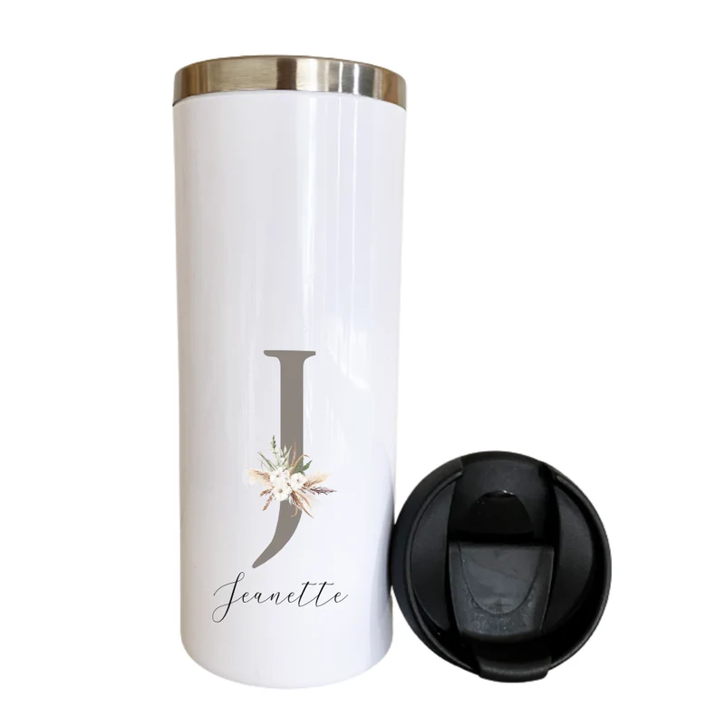 Kaffeebecher für unterwegs, personalisiert mit Namen, Coffee to go Thermobecher aus Edelstahl, Geschenkidee im floralen Design | 2 Farbvarianten zur Auswahl