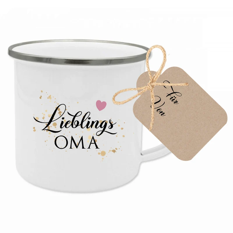 Tasse aus Emaille für die Oma | Kleines Geschenk für Großmütter | Emailletasse mit Motiv "Lieblingsoma" | 12 Motivvarianten zur Auswahl