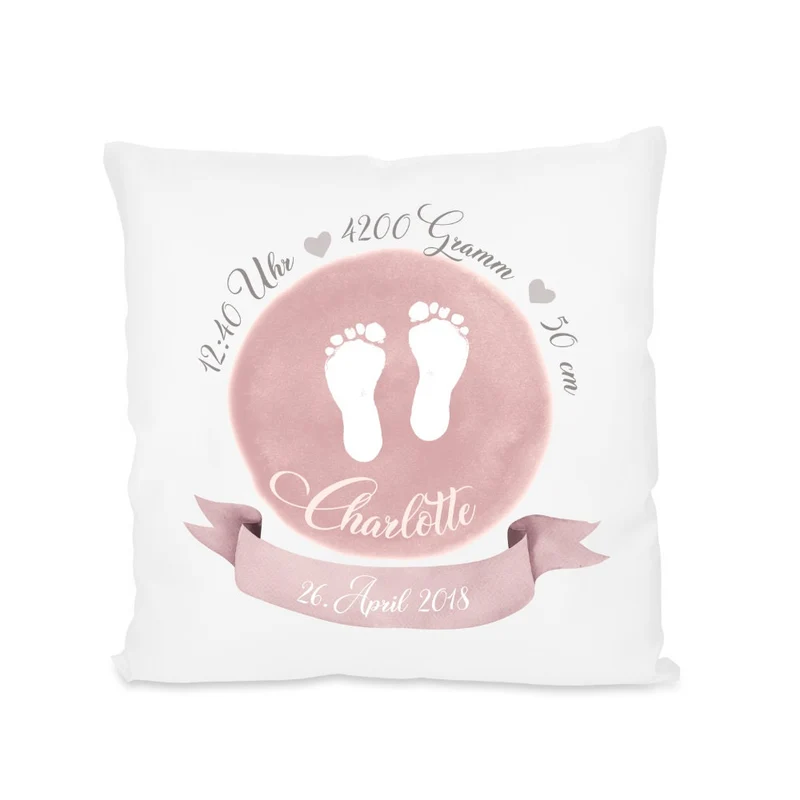 Personalisiertes Geburtskissen "Fußabdrücke" für Mädchen und Jungen | Handgefertigtes Babygeschenk zur Geburt u. Taufe | Geschenkidee mit den Geburtsdaten des Neugeborenen | 3 Farbvarianten zur Auswahl