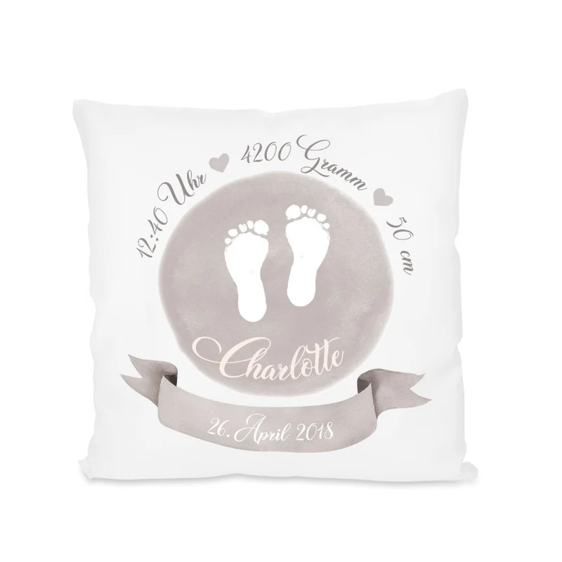 Personalisiertes Geburtskissen "Fußabdrücke" für Mädchen und Jungen | Handgefertigtes Babygeschenk zur Geburt u. Taufe | Geschenkidee mit den Geburtsdaten des Neugeborenen | 3 Farbvarianten zur Auswahl