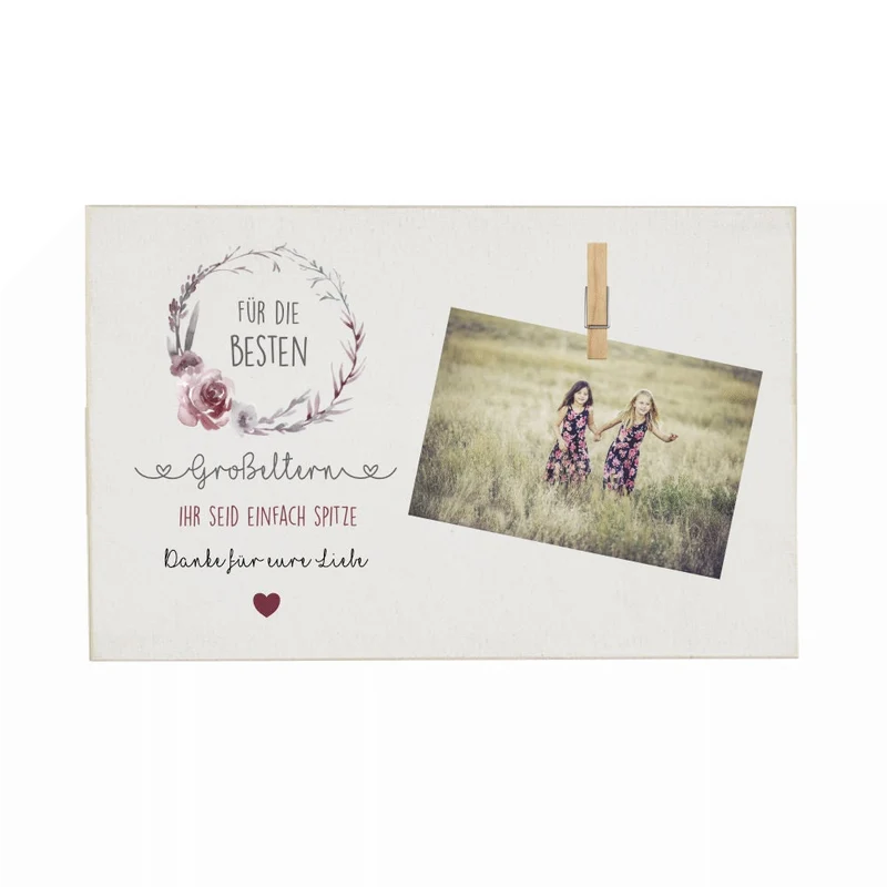 Fotogeschenk "Für die besten Großeltern. Ihr seid einfach Spitze. Danke für eure Liebe." | Originelles Geschenk für Oma u. Opa vom Enkelkind | Holzbild mit Klammer zum Anbringen eines Fotos