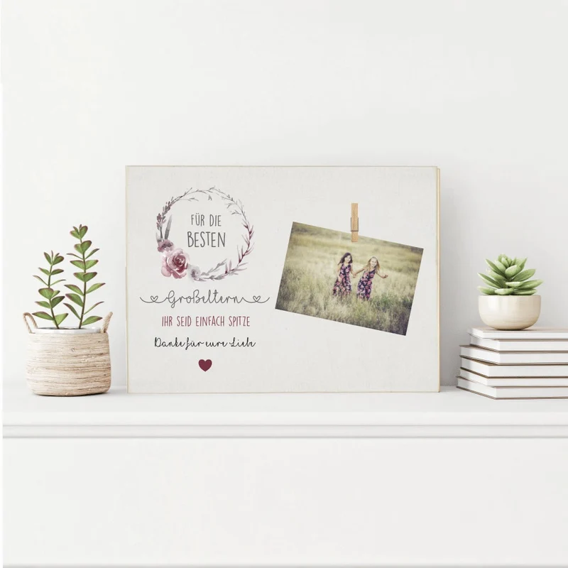 Fotogeschenk "Für die besten Großeltern. Ihr seid einfach Spitze. Danke für eure Liebe." | Originelles Geschenk für Oma u. Opa vom Enkelkind | Holzbild mit Klammer zum Anbringen eines Fotos