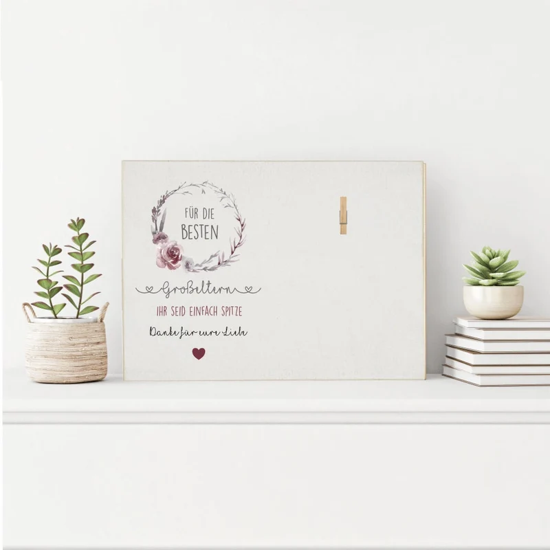 Fotogeschenk "Für die besten Großeltern. Ihr seid einfach Spitze. Danke für eure Liebe." | Originelles Geschenk für Oma u. Opa vom Enkelkind | Holzbild mit Klammer zum Anbringen eines Fotos