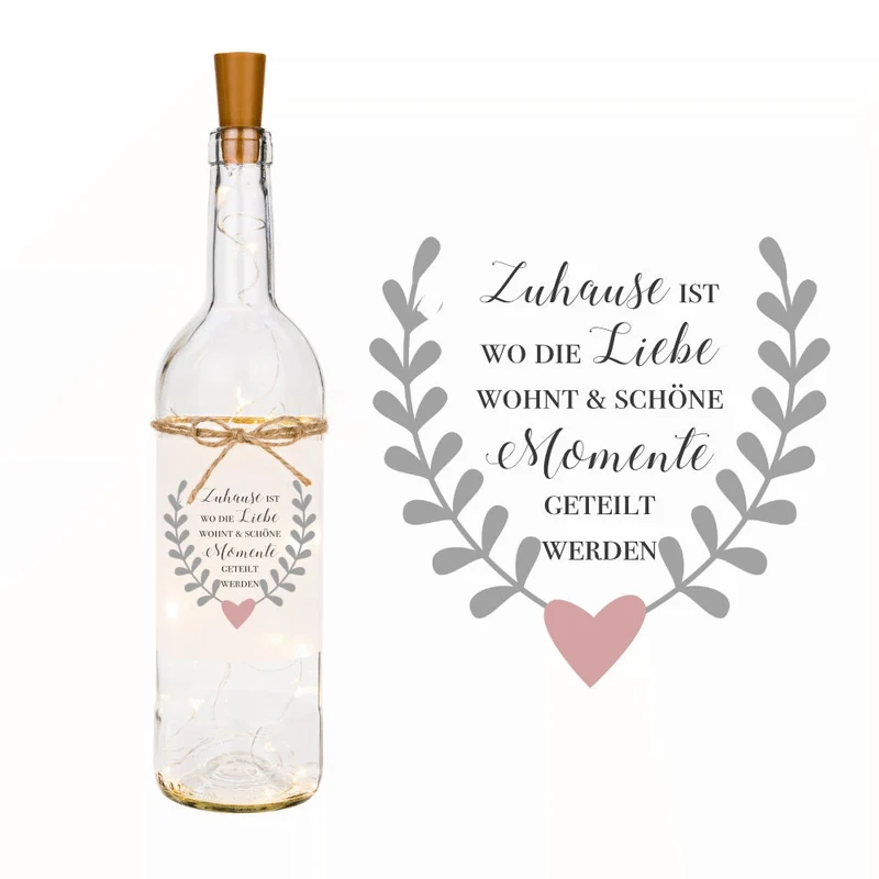 Flaschenlicht mit Spruch "Zuhause ist wo die Liebe wohnt & schöne Momente geteilt werden" | Persönliches Geschenk für Frauen und Familien | Besondere Dekoration für das Zuhause