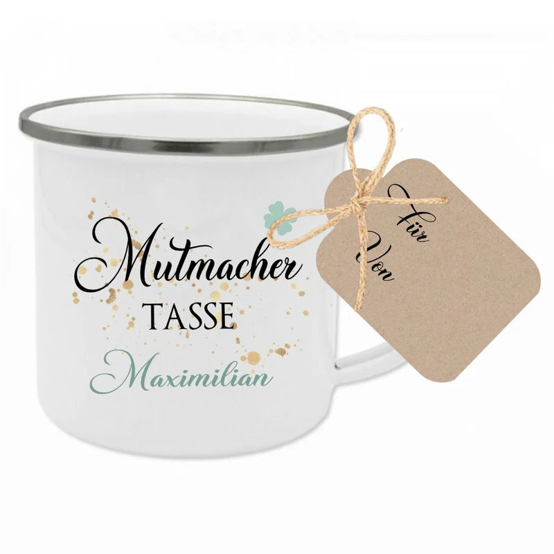 "Mutmacher" Tasse mit Kleeblatt und Namen | Personalisiertes Geschenk | Perfektes Geschenk zur Motivation | Emailletasse mit Geschenkanhänger zum Beschriften