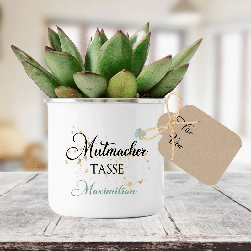 "Mutmacher" Tasse mit Kleeblatt und Namen | Personalisiertes Geschenk | Perfektes Geschenk zur Motivation | Emailletasse mit Geschenkanhänger zum Beschriften