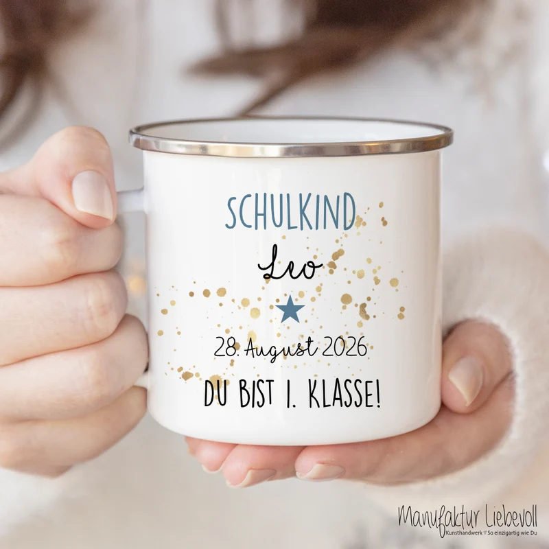 Personalisierte Tasse für das Schulkind | Geschenk für Jungen und Mädchen mit Namen und Datum | 2 Farbvarianten zur Auswahl