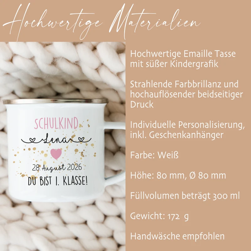 Personalisierte Tasse für das Schulkind | Geschenk für Jungen und Mädchen mit Namen und Datum | 2 Farbvarianten zur Auswahl