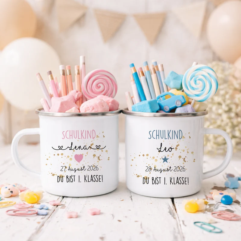 Personalisierte Tasse zur Einschulung | Geschenkidee mit Namen und Datum | 2 Farbvarianten zur Auswahl