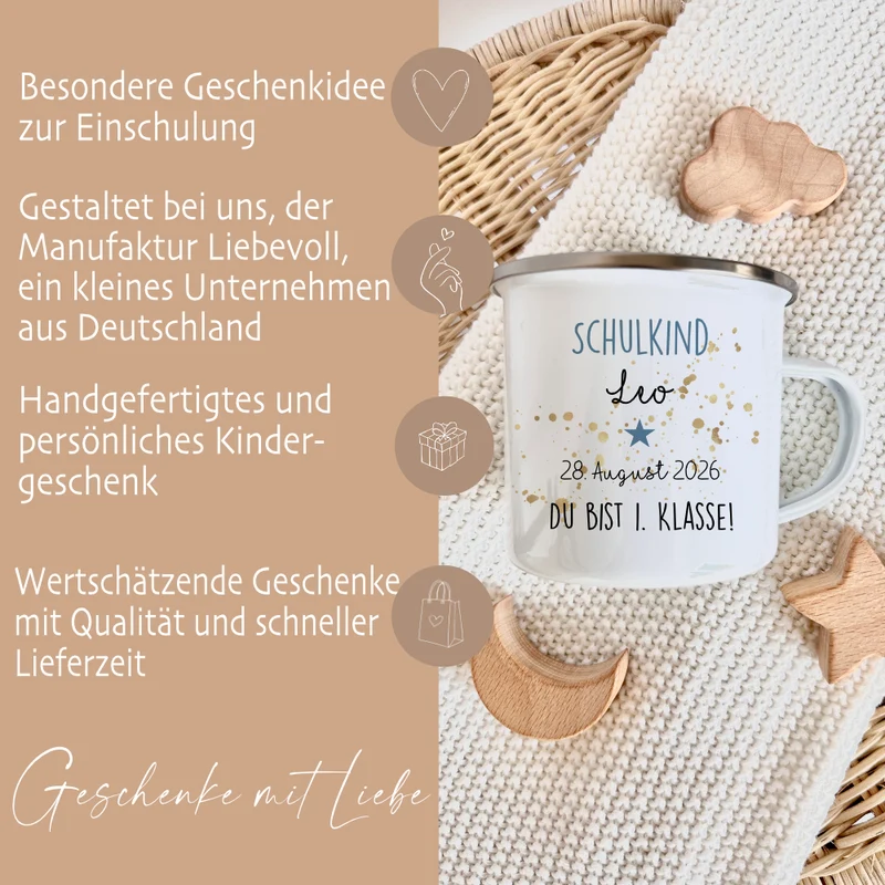 Personalisierte Tasse zur Einschulung | Geschenkidee mit Namen und Datum | 2 Farbvarianten zur Auswahl