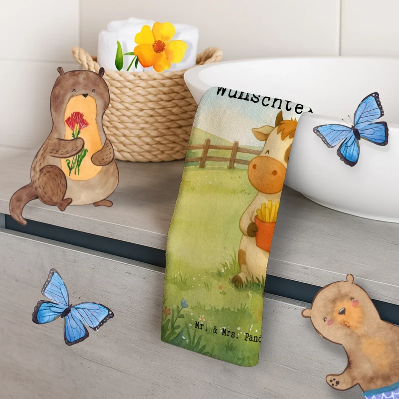 Personalisiertes Gästehandtuch Kuh Pommes Design