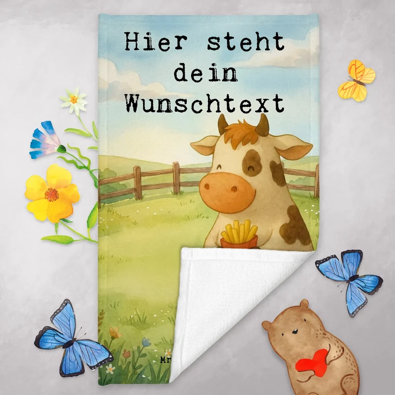 Personalisiertes Gästehandtuch Kuh Pommes Design