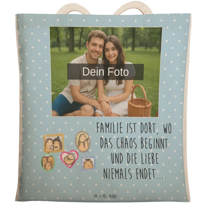 Personalisierte Foto Einkaufstasche Igel Familie