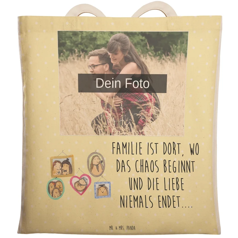 Personalisierte Foto Einkaufstasche Igel Familie