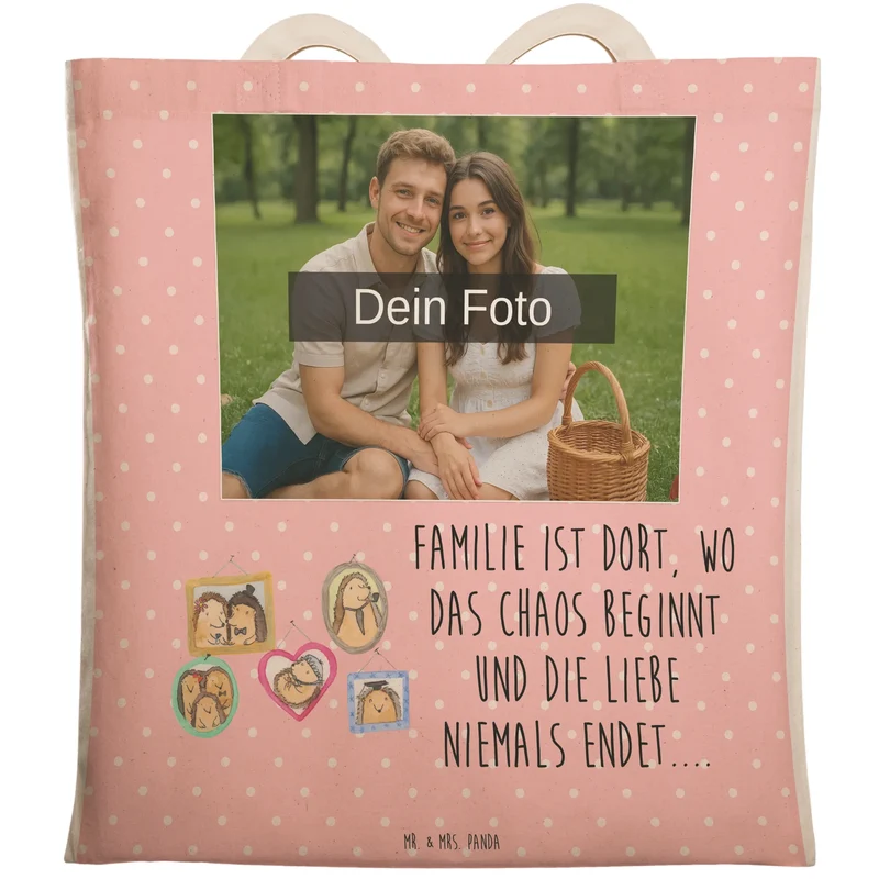 Personalisierte Foto Einkaufstasche Igel Familie