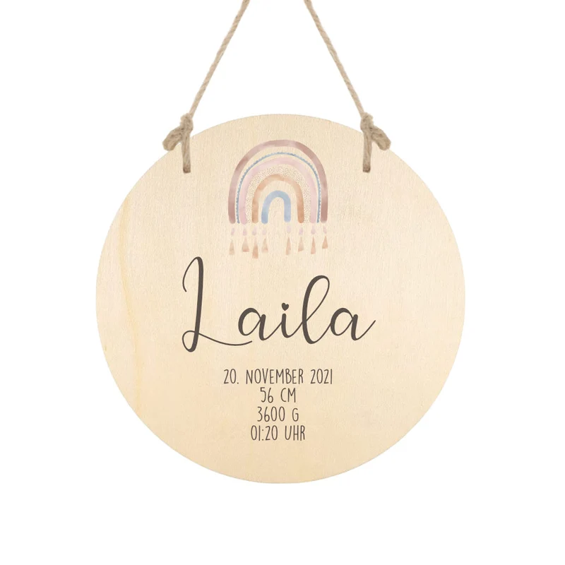 Geburtstafel aus Holz "Regenbogen" | Personalisiert mit Namen u. Geburtsdaten des Babys | Besonderes Geschenk zur Geburt u. Taufe | Geschenkidee in 6 Motivvarianten für Mädchen und Jungen