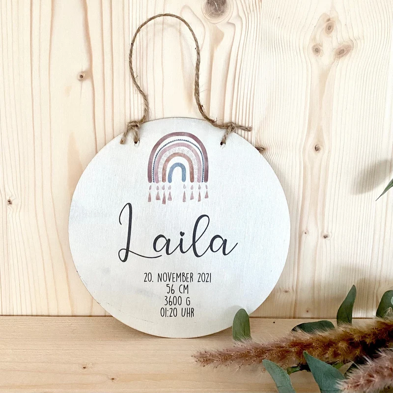 Geburtstafel aus Holz "Regenbogen" | Personalisiert mit Namen u. Geburtsdaten des Babys | Besonderes Geschenk zur Geburt u. Taufe | Geschenkidee in 6 Motivvarianten für Mädchen und Jungen