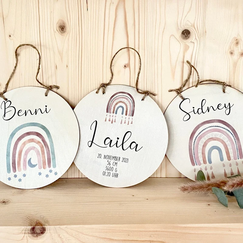 Geburtstafel aus Holz "Regenbogen" | Personalisiert mit Namen u. Geburtsdaten des Babys | Besonderes Geschenk zur Geburt u. Taufe | Geschenkidee in 6 Motivvarianten für Mädchen und Jungen