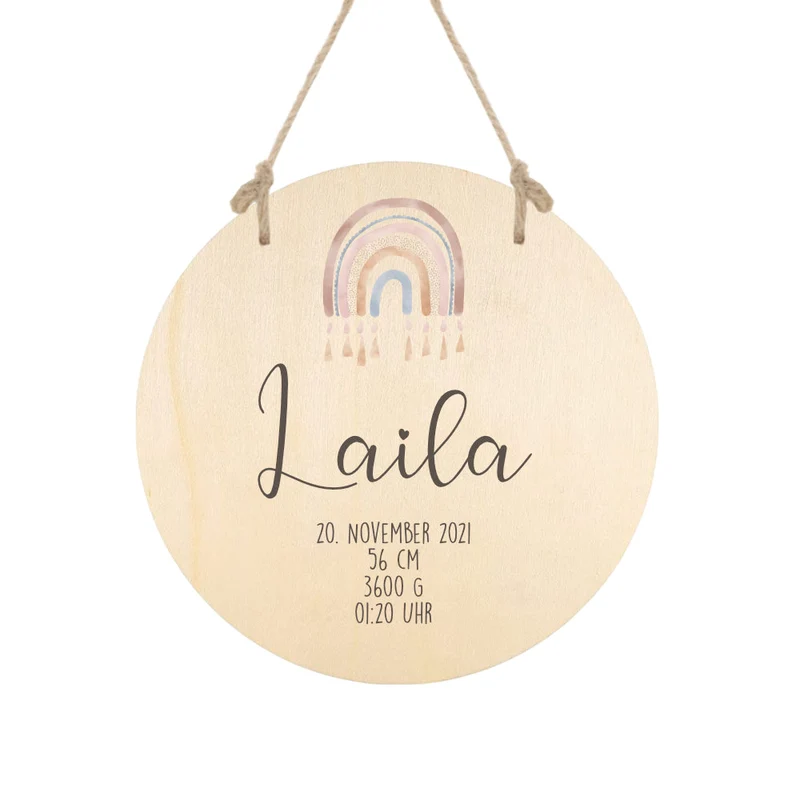 Rundes Namensschild "Regenbogen" | Personalisiert mit dem Namen des Babys. u. Kindes | Liebevolle Deko für das Baby- und Kinderzimmer aus Holz und personalisiertes Geschenk zur Geburt u. Taufe | Türschild in 6 Motivvarianten für Jungen und Mädchen