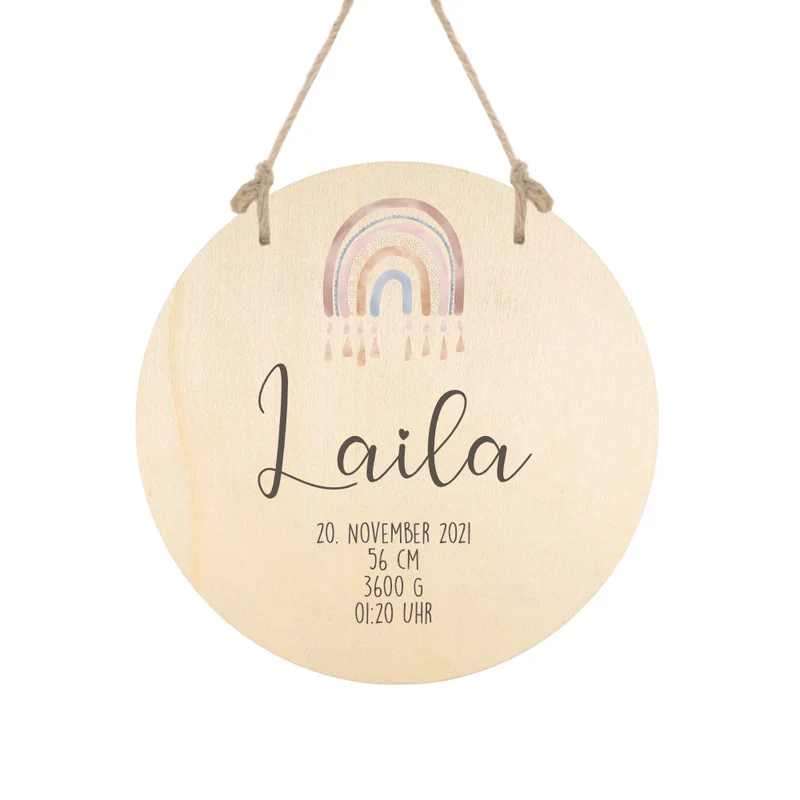 Namensschild "Regenbogen" für das Baby- und Kinderzimmer in Rund | Personalisiertes Geschenk aus Holz mit Namen des Babys u. Kindes | Besondere Geschenkidee zur Geburt und Taufe | Türschild in 6 Motivvarianten für Mädchen und Jungen