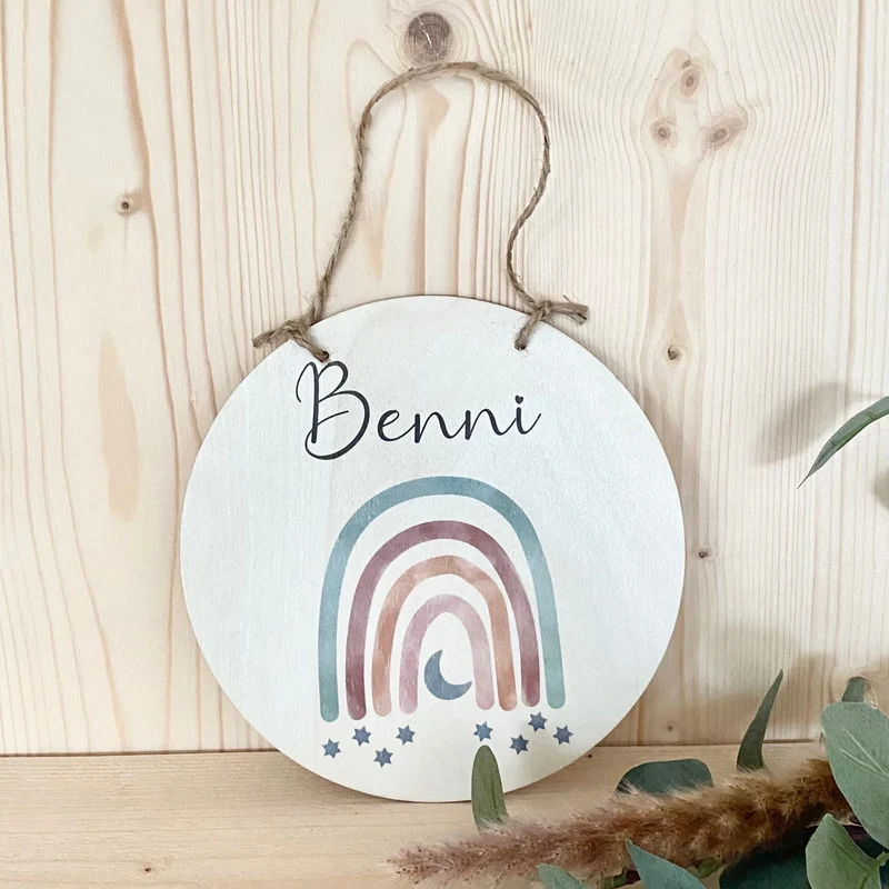 Namensschild "Regenbogen" für das Baby- und Kinderzimmer in Rund | Personalisiertes Geschenk aus Holz mit Namen des Babys u. Kindes | Besondere Geschenkidee zur Geburt und Taufe | Türschild in 6 Motivvarianten für Mädchen und Jungen