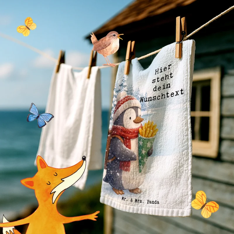Personalisiertes Gästehandtuch Pinguin Winter Pommes Design