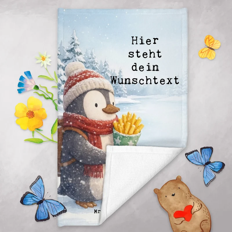 Personalisiertes Gästehandtuch Pinguin Winter Pommes Design
