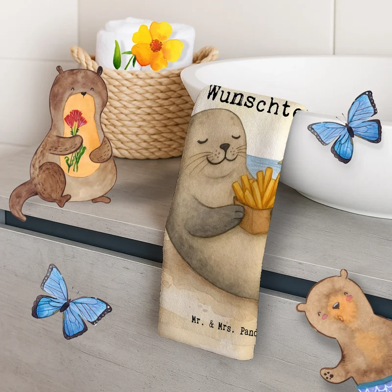 Personalisiertes Gästehandtuch Robbe Pommes Design