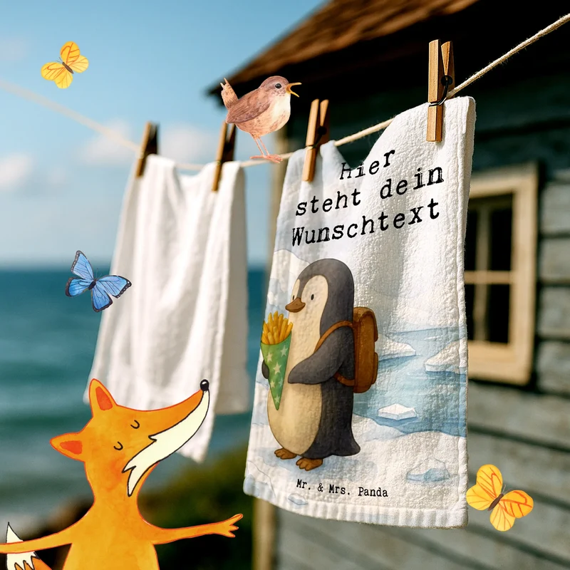 Personalisiertes Gästehandtuch Pinguin Pommestüte Design