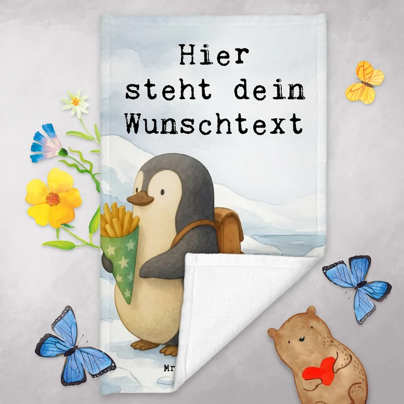 Personalisiertes Gästehandtuch Pinguin Pommestüte Design