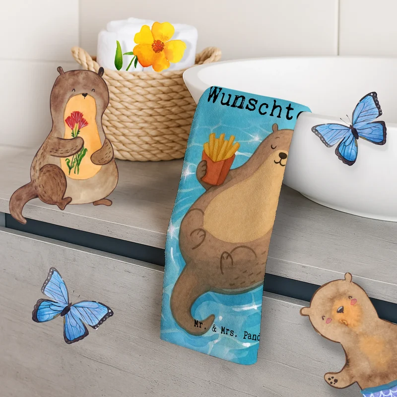 Personalisiertes Gästehandtuch Otter Schwimmbad Pommes Design