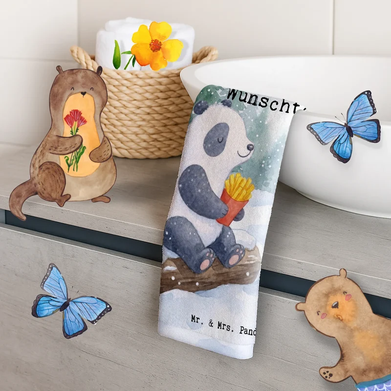 Personalisiertes Gästehandtuch Panda Winter Pommes Design