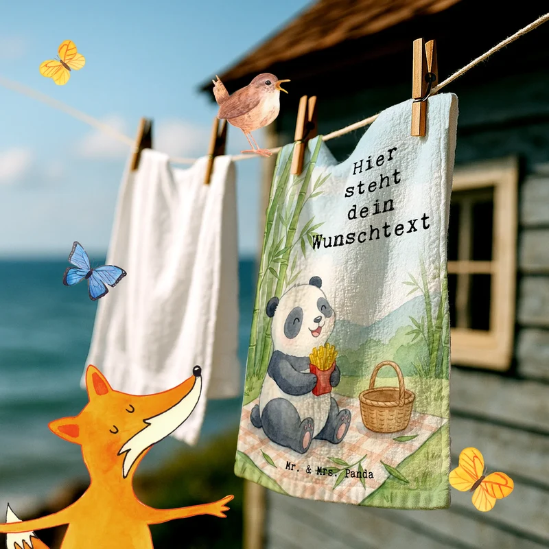 Personalisiertes Gästehandtuch Panda beflügelt Pommes Design