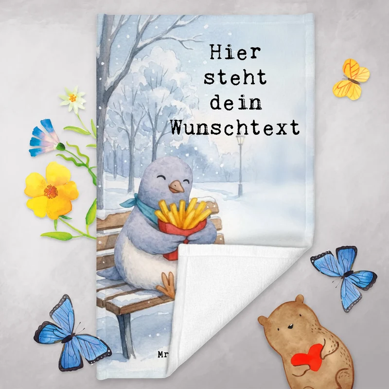 Personalisiertes Gästehandtuch Taube Winter Pommes Design