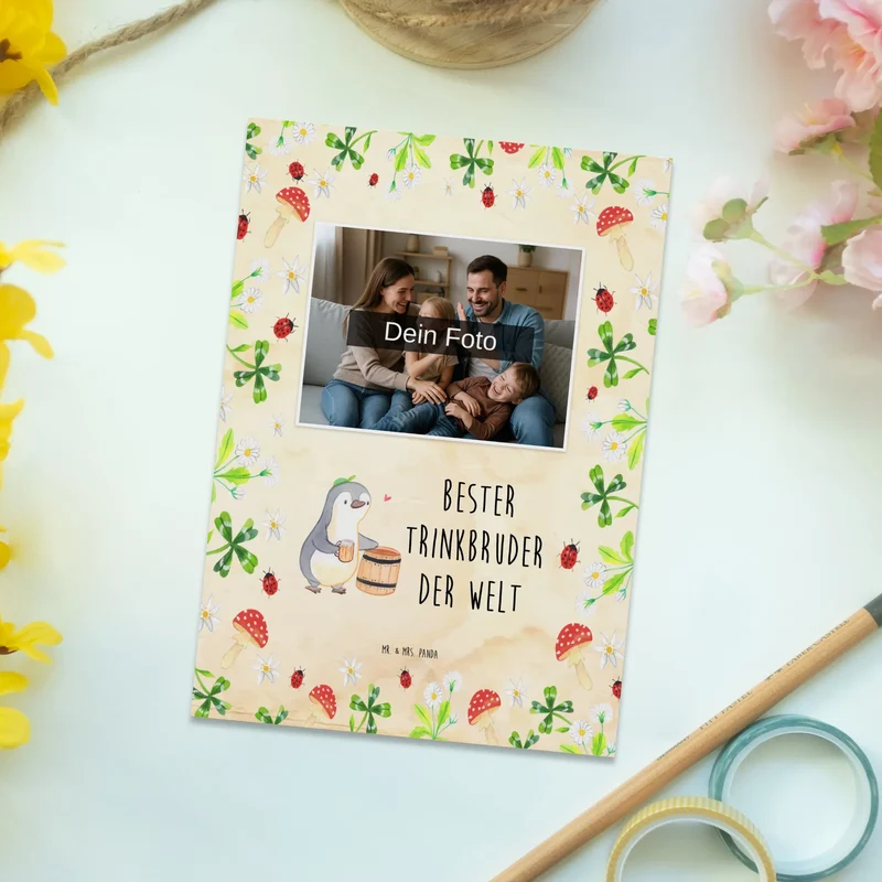 Personalisierte Foto Postkarte Pinguin Bester Trinkbruder der Welt