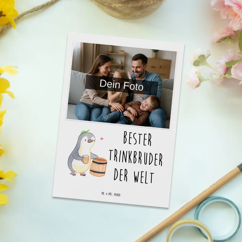 Personalisierte Foto Postkarte Pinguin Bester Trinkbruder der Welt