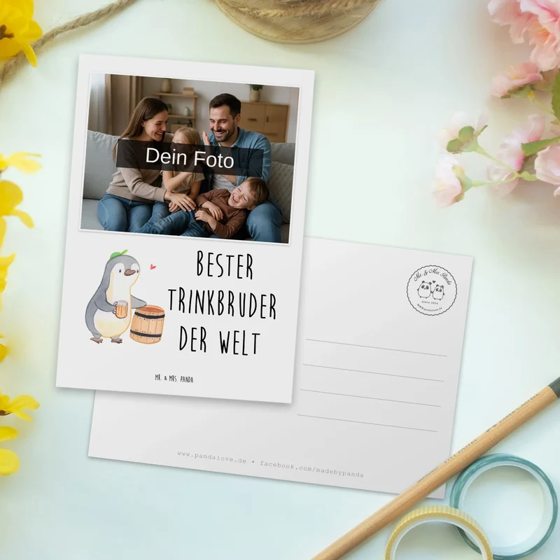 Personalisierte Foto Postkarte Pinguin Bester Trinkbruder der Welt